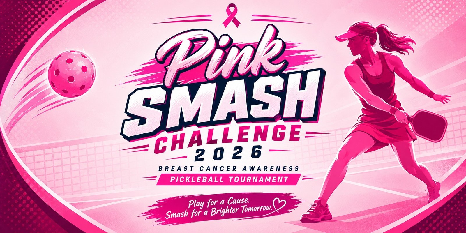 Pink Smash Challenge 2026 banner in shades of pink, with a pink ribbon, a pickleball and a player swinging a paddle