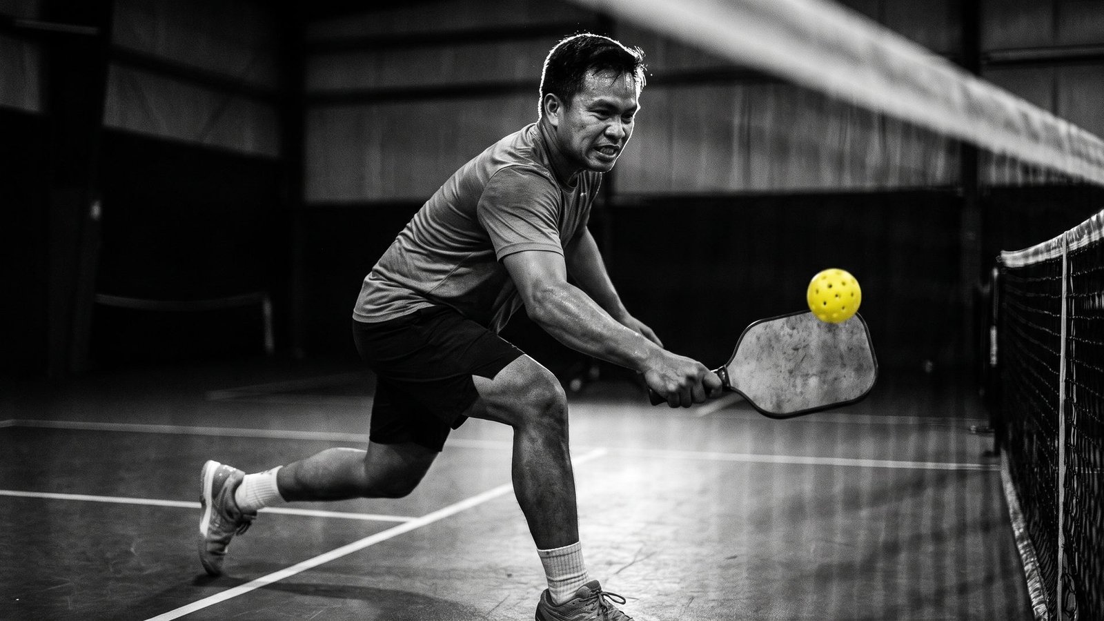 Pickleball player lunging for a shot at the net